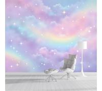 ZISTRCBAO 3D Effect Wallpaper 300x210cm, Clouds Rainbows Stars Wall Murals Dreamy Cartoon Sky Print Photo Wall Decoration for Living Room Bedroom Home Hallway Lounge TV Background, Pink