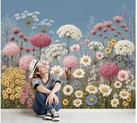 ZISTRCBAO 3D Effect Wallpaper 300x210cm, English Vintage Wildflowers Wall Murals Classic Romance Print Photo Wall Decoration for Living Room Bedroom Home Hallway Lounge TV Background, Blue