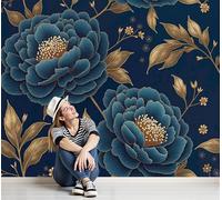 ZISTRCBAO 3D Effect Wallpaper 350x256cm, Peony Golden Leaves Wall Murals Gorgeous Flowers Print Photo Wall Decoration for Living Room Bedroom Home Hallway Lounge TV Background, Indigo Blue