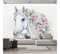 ZISTRCBAO 3D Panoramic Silk Wallpaper 350x256cm White Horse Rose Photo Wallpaper Mural, Watercolor Dream Animal Wall Poster Art Photo Poster Decoration for Living Room Bedroom Office