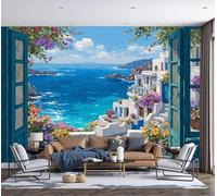ZISTRCBAO 3D Panoramic Wall Mural Sea View from The Window Photo Wallpaper, Mediterranean Scenery Photo Wallpaper Silk Wall Art, Blue Mural for Bedroom Living Room Decor 350x256cm