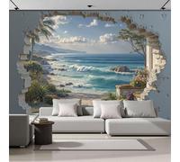 ZISTRCBAO 3D Panoramic Wall Mural The Ocean Through The Wall Photo Wallpaper, 3D Optical Illusion Landscape Photo Wallpaper Silk Wall Art, Blue Mural for Bedroom Living Room Decor 400x280cm