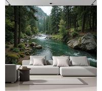 ZISTRCBAO 3D Panoramic Wall Mural Wilderness Forest River Photo Wallpaper, Tranquil Natural Scenery Photo Wallpaper Silk Wall Art, Brownish-Green Mural for Bedroom Living Room Decor 250x175cm
