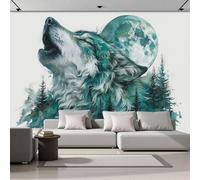 ZISTRCBAO 3D Panoramic Wall Mural Wolf Howling Under The Moonlight Photo Wallpaper, Watercolor Art Style Photo Wallpaper Silk Wall Art, Green Mural for Bedroom Living Room Decor 350x256cm