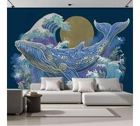 ZISTRCBAO 3D Panoramic Wallpaper Mural 200x140cm, Waves Blue Whale Photo Wallpaper, Japanese Ukiyo-E Style Wall Mural for Living Room Bedroom Home Decoration Wall Poster