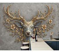 ZISTRCBAO 3D Panoramic Wallpaper Mural Gold Leaf Deer Head Photo Wallpaper, Baroque Luxury Wall Murals Decoration Poster Picture Design 300x210cm Mural for Living Room Bedroom