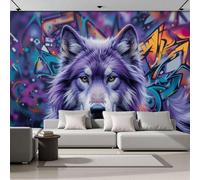 ZISTRCBAO 3D Panoramic Wallpaper Mural Purple Wolf Head Photo Wallpaper, Abstract Graffiti Animal Wall Murals Decoration Poster Picture Design 250x175cm Mural for Living Room Bedroom