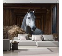 ZISTRCBAO 3D Panoramic Wallpaper Mural Stables Grey Horse Photo Wallpaper, Rural Animal Realism Wall Murals Decoration Poster Picture Design 300x210cm Mural for Living Room Bedroom