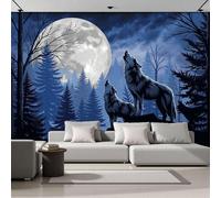 ZISTRCBAO 3D Photo Wallpaper Full Moon Howling Wolves 350x256cm, Psychedelic Night Scene Wall Mural Silk Panoramic Poster Home Decoration Wallpaper Murals for Living Room, Bedroom, Office