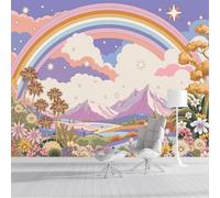 ZISTRCBAO 3D Photo Wallpaper Rainbows Mountains Flowers 350x256cm, Retro Cartoon Style Wall Mural Silk Panoramic Poster Home Decoration Wallpaper Murals for Living Room, Bedroom, Office
