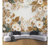 ZISTRCBAO 3D White Floral Gold Leaf Wallpaper Mural, Modern Simplicity Poster Picture Wallpaper Mural 250x175cm Wall Paper for Home Living Room Kids Bedroom Decor, Gold