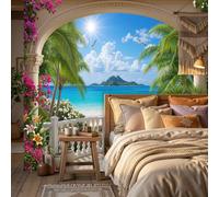 ZISTRCBAO Arches Palm Trees Ocean Wallpaper for Living Room Bedrom Decor | Mediterranean Style Wall Mural, Sky Blue Wall Art, Silk Photo Wallpaper Waterproof for Sofa TV Background Decor 400x280cm