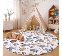 ZISTRCBAO Astronaut Rocket Ufo Round Rug, 60cm | Hand-Painted Graffiti Space Washable Area Rug Soft, Non-slip, Circular Rugs for Living Rooms, Featuring a Non-slip Backing Carpet for Entryways, White