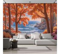 ZISTRCBAO Autumn Coastal Forest Mural Wallpaper, Dreamlike Natural Scenery Panoramic Wallpaper, Wall Mural Decoration Poster 400x280cm Mural for Living Room Bedroom Hallway, Orange-Red