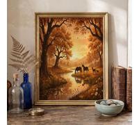 ZISTRCBAO Autumn Maple Trees Rivers Deer Herds Canvas Wall Art, Healing Autumn Countryside Canvas Wall Art Pictures Aesthetic Prints Posters for Living Room Home Decor 70×100 cm Unframed