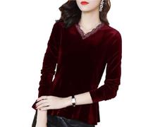 ZISTRCBAO Autumn Winter Velvet Shirts - Casual V-Neck Bottoming Shirt Women Lace Splicing Velvet Shirts Long Sleeve Blouses Sexy Velvet Tops Red Shirt,As Shown,Xxl