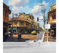 ZISTRCBAO Bangkok Urban Life Photo Wallpaper Panoramic, Southeast Asian Street Scene Wall Mural Poster 3D Effect - Silk Wallpaper for Living Room Bedroom Office TV Background Decoration, 350x256cm