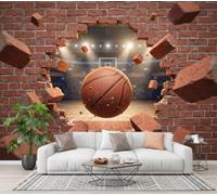 ZISTRCBAO Basketball Wall Hole Wallpaper Wall Mural | Modern 3D Visual Style 3D Effect Wall Decor Silk Poster Wallpaper Brick Red Walls Covering for Living Room Bedroom TV Backdrop Mural 350x256cm