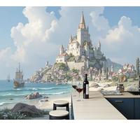 ZISTRCBAO Beach Medieval Castle Photo Wallpaper 250x175cm Silk Art Print Wall Mural Decoration Poster Picture Fantasy Art Style 3D Panoramic Wallpaper Murals Wall, Light Blue