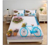 ZISTRCBAO Bicycle Floral Pot Print Fitted Sheet Super King Bed with 2 Pillowcase, Italian Style Fitted Sheets Deep Pocket (30 Cm) Soft Brushed Microfiber Bedding 180x200x30cm, White