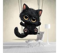 ZISTRCBAO Black Cat On The Swing Silk Wall Mural Decoration Poster Picture Photo Wallpaper 300x210cm, Cartoon Animal Wall Mural Decoration, Black Paper for Home Kids Bedroom