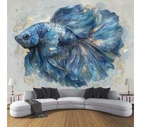 ZISTRCBAO Blue Watercolor Betta Fish Wallpaper Mural, Animal Realism Poster Picture Wallpaper Mural 200x140cm Wall Paper for Home Living Room Kids Bedroom Decor, Dark Blue