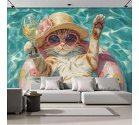 ZISTRCBAO Cats Raising Their Glasses Pool Panoramic Wallpaper Mural - 250x175cm Silk Wall Mural, Humorous Art Style Wallpaper Photo Wall Murals Home Bedroom Decoration Walls Covering
