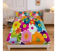 ZISTRCBAO Colorful Flowers Fitted Sheet King Bed with 2 Pillowcases, Retro Cartoon Bed Sheets Bedroom Decor, 30 Cm Deep Pocket, Multicolor Sheet Set for Adults Teens, 150x200x30 cm