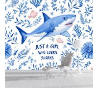 ZISTRCBAO Coral Reef Shark Photo Wallpaper Mural, Watercolor Animal Wall Murals, 250x175cm Large Photo Wallpaper Blue Poster for Boys Girls Bedroom Background Decor