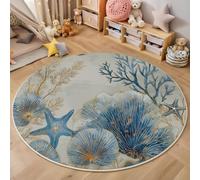 ZISTRCBAO Coral Reef Starfish Round Area Rugs Living Room, Watercolor Marine Animals Round Rugs 80cm, Soft Low-Pile Rug with Non-slip Backing Abstract Carpet for Bedroom Office Entryway, Blue