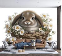 ZISTRCBAO Daisy Basket Rabbit Photo Wallpaper - 250x175cm Silk Wall Mural - Hand-Drawn Illustration Style Wall Mural Large Panoramic Accent Wallpaper Bedroom Living Room 3D Sofa Backdrop