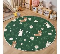 ZISTRCBAO Daisy Rabbit Fox Rugs Round 80cm Living Room, Simple Cartoon Animals Circle Carpet, Non Slip Machine Washable Carpet, Green Round Rug for Nursery Children's Toy Room