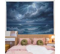 ZISTRCBAO Dark Clouds Lightning Giant Waves Tapestry, Storm Deep Sea Wall Tapestries, Grayish Blue Wall Tapestry Aesthetic Decor for Bedroom Living Room Backdrop 230x180cm