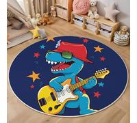 ZISTRCBAO Dinosaur Playing Guitar Round Rugs 160cm, Dark Blue Round Rug Soft Non-slip Fun Cartoon Animal Area Rugs for Bedroom Low Pile Machine Washable Rug for Kids Rooms Children Bedroom
