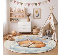 ZISTRCBAO Dreamy Cartoon Round Rugs Living Room 80cm Carpet White | Non-slip Rug, Washable, Non-shedding, Fox Moon Clouds Soft Low-Pile Circle Carpet for Nursery, Toddler Room