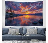 ZISTRCBAO Fiery Clouds Lake Reflection Tapestry Wall Hanging, Tapestry Sunset Lake View Design Wide Wall Hanging, Orange Tapestries Poster for Living Room Bedroom Dorm Decor, 150x130cm