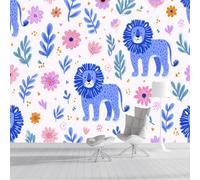 ZISTRCBAO Floral Lion Mural Wallpaper, Retro Cartoon Animal Panoramic Wallpaper, Wall Mural Decoration Poster 350x256cm Murals for Children's Room Nursery, Blue