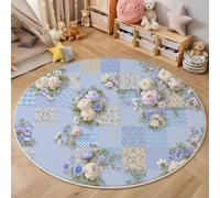 ZISTRCBAO Floral Patchwork Art Round Rugs 80cm, Blue Round Rug Soft Non-slip Retro Pastoral Style Area Rugs for Bedroom Low Pile Machine Washable Rug for Kids Rooms Children Bedroom
