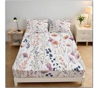 ZISTRCBAO Flowers Plants Fitted Sheet Single Bed with 2 Pillowcases, Watercolor Pastoral Style Bed Sheets Bedroom Decor, 30 Cm Deep Pocket, Multicolor Sheet Set for Adults Teens, 90x190x30cm
