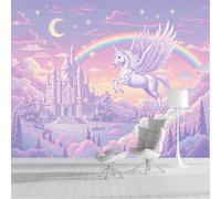 ZISTRCBAO Flying Horse Castle Wallpaper Murals 300x210cm, Dreamy Cartoon Style Panoramic Wallpaper Mural, Pink Paper for Children's Room Nursery Decor Artwork Background Wall Stickers