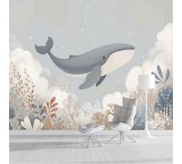 ZISTRCBAO Flying Whales Plants Flowers Wallpaper Mural, Fantasy Animals Poster Picture Wallpaper Mural 250x175cm Wall Paper for Home Kids Bedroom Decor, Light Gray