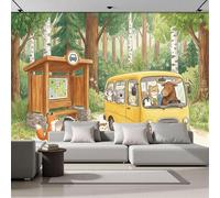 ZISTRCBAO Forest School Bus Animals Mural Wallpaper, Fun Hand-Drawn Style Panoramic Wallpaper, Wall Mural Decoration Poster 400x280cm Mural for Living Room Bedroom Hallway, Green