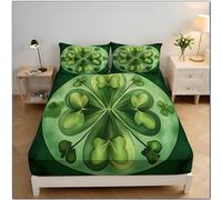 ZISTRCBAO Four-Leaf Clover King Fitted Sheet, Plant Realism Fitted Sheet with 2 Pillow Shams Deep Pocket 30 Cm, Soft Microfiber Breathable Bedding Set 150x200x30cm, Green