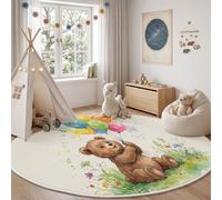 ZISTRCBAO Fresh Watercolor Washable Round Rug 80cm | Brown Bear Colorful Balloons Circle Rugs, Non Slip Circle Area Rugs for Kids Room, Bedroom and Playroom Decor Floor Mat, White