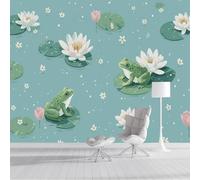 ZISTRCBAO Frog Water Lily Wallpaper Murals 250x175cm, Retro Cartoon Style Panoramic Wallpaper Mural, Blue-Green Paper for Children's Room Nursery Decor Artwork Background Wall Stickers