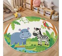 ZISTRCBAO Fun Cute Animals Round Rugs Living Room 180cm Carpet Forest Green | Non-slip Rug, Washable, Non-shedding, Hippopotamus Zebra Crocodile Soft Low-Pile Circle Carpet for Nursery, Toddler Room