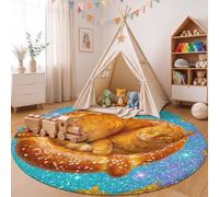 ZISTRCBAO Fun Fantastical Cartoon Washable Round Rug 80cm | Orange Cat Bread Stars Circle Rugs, Non Slip Circle Area Rugs for Kids Room, Bedroom and Playroom Decor Floor Mat, Blue Green