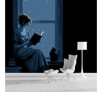 ZISTRCBAO Girl Reading by The Window Wallpaper Murals 200x140cm, Portrait Panoramic Wallpaper Mural, Dark Blue Paper for Children's Room Nursery Decor Artwork Background Wall Stickers