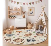 ZISTRCBAO Graffiti Animal Heads Washable Round Rug 80cm | Giraffe Fox Penguin Circle Rugs, Non Slip Circle Area Rugs for Kids Room, Bedroom and Playroom Decor Floor Mat, Beige