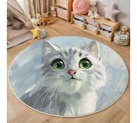 ZISTRCBAO Green-Eyed Cat Round Rugs 120cm, Watercolor Graffiti Animal Playing Mat, Short Pile Circle Rug for Bedside Bedroom Living Room Study Kids Room Decor, Light Blue